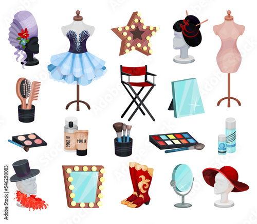 Theatrical dressing room objects set. Dress on mannequin, table mirror, cosmetics, wig, hat and accessories cartoon vector