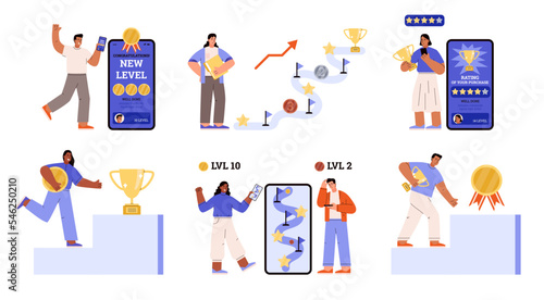 Gamification concept, people achieving new levels and rewards - flat vector illustration isolated on white background.