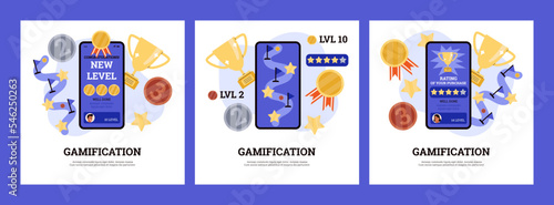 Gamification concept of banners or social media posters, flat vector illustration.