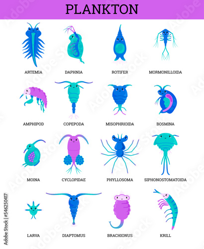 Plankton sea microorganisms icons cartoon vector illustrations set isolated.