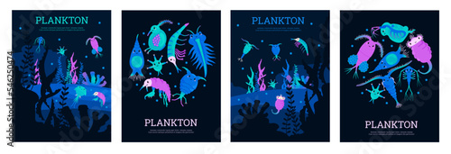 Plankton scientific posters, cute freshwater animals - set of cartoon flat vector illustrations.