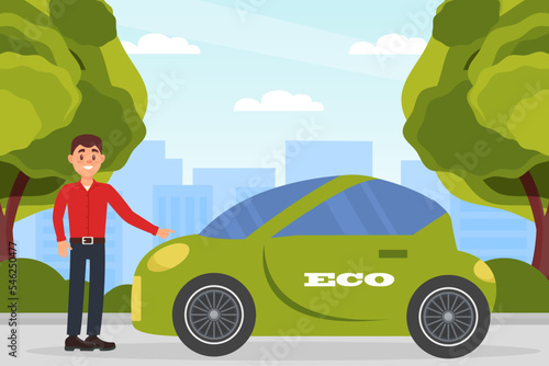 Man using electric car for personal urban city transportation. Eco friendly alternative vehicles flat vector