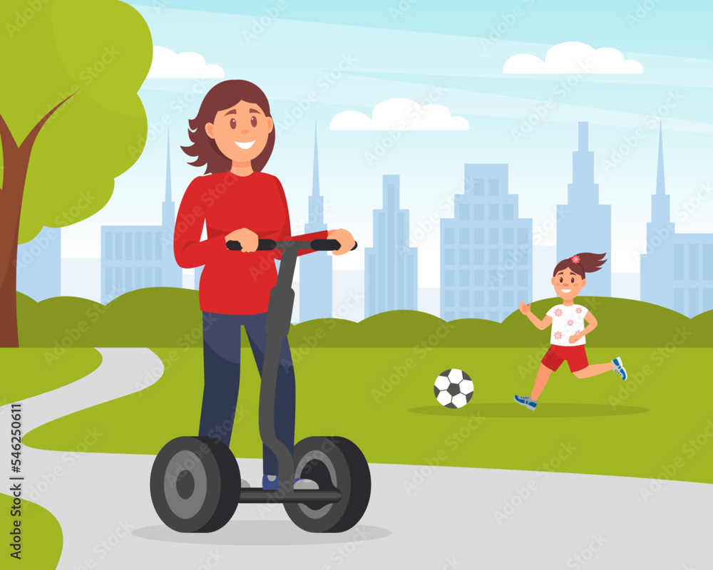 Girl riding electric scooter. Personal urban city transportation. Eco friendly alternative vehicles flat vector