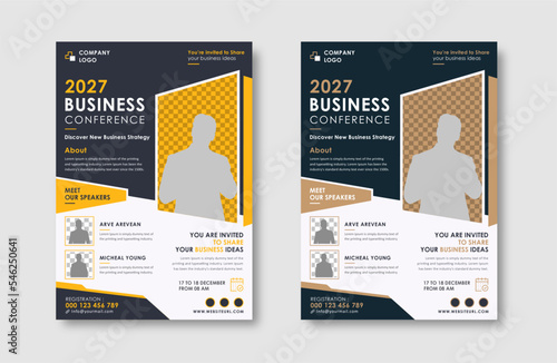  Business conference live meeting & event flyer template. Corporate invitation business workshop & abstract seminar promotion poster design. Leaflet, modern layout, pamphlet, vector flyer in A4.