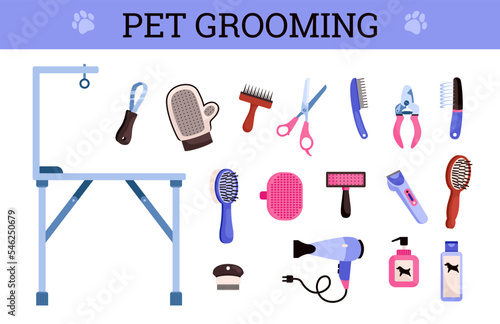 Pet grooming equipment set, scissors, brushes and shampoo - flat vector illustration isolated on white background.