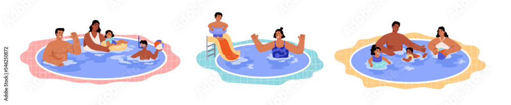 Family with children swimming in water pool flat vector illustration isolated.