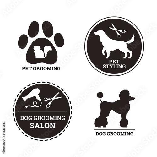 Pet grooming salon logo templates, silhouette of pets and grooming equipment, vector illustration isolated on white.