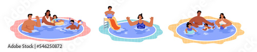 Family with children swimming in water pool flat vector illustration isolated.