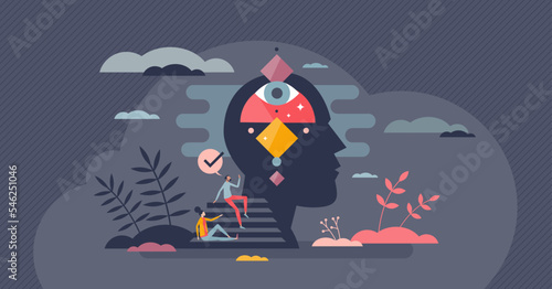Intuition knowledge, inner intelligence and gut feeling tiny person concept. Feeling inside head and mental insight in future thoughts vector illustration. Brain awareness and cognition visualization.