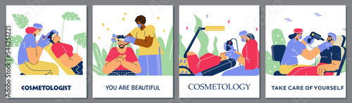 Cosmetology clinic posters set, mesotherapy, skin care, cleaning and massage - flat vector illustration.