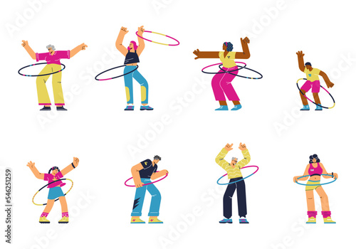 Set of happy hula hooping people flat style, vector illustration