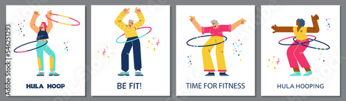 Hula hoop fitness exercise posters with cartoon people flat vector illustration.