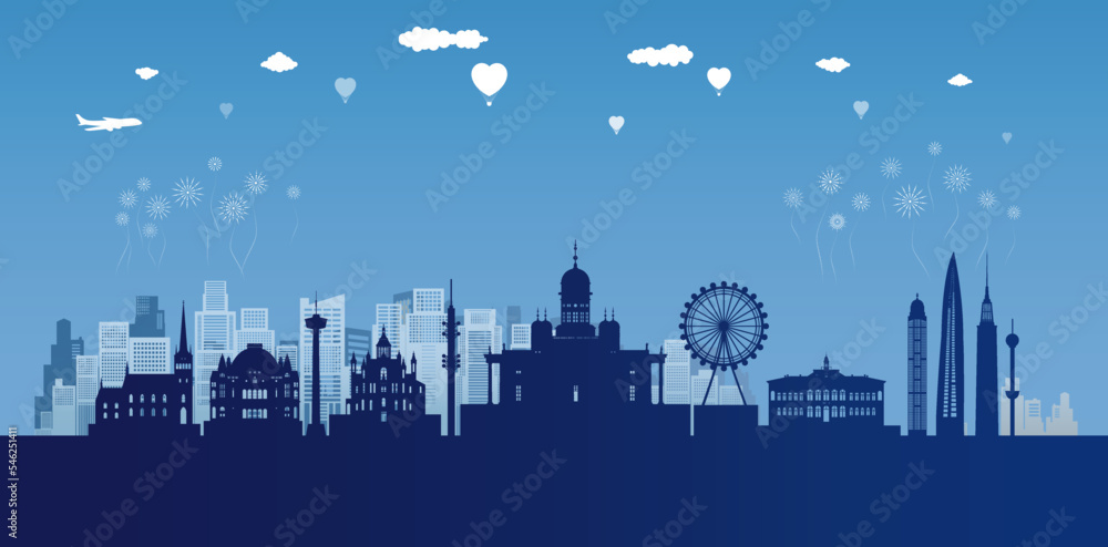 Travel landmark of Finland skyline in silhouette vector isolated cityscape panoramic.