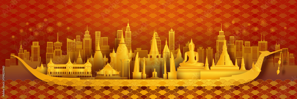 Travel landmarks Thailand traditional silhouette architecture and Thailand pattern background.