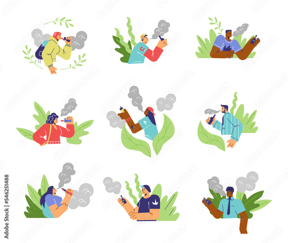 Fototapeta premium Set of vaping men and women flat style, vector illustration