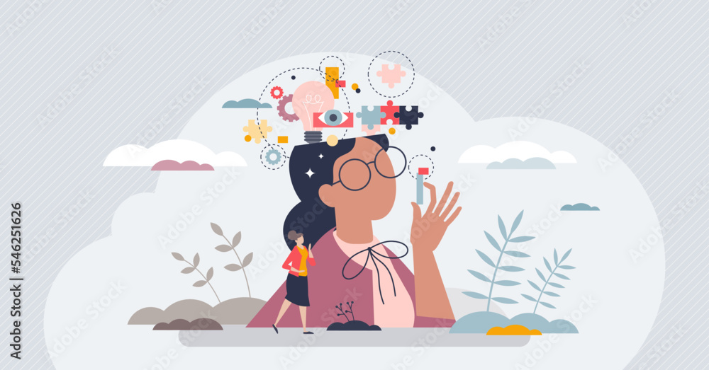 Inner mental intelligence and logic process visualization tiny person concept. Mind thinking and creative thoughts awareness vector illustration. Intellectual brain skills for human ability to think. - obrazy, fototapety, plakaty 
