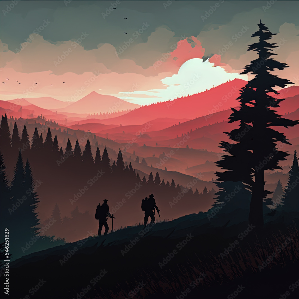 Fototapeta premium Illustration of hikers backpacking in the mountains. 