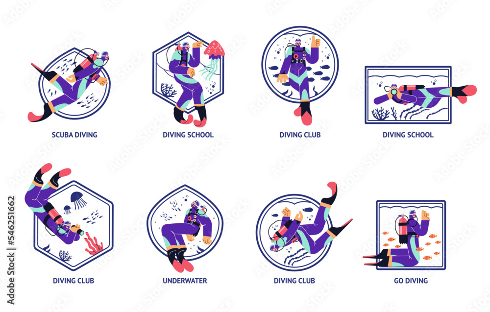 Scuba diving icons set, flat vector illustration isolated on white background.