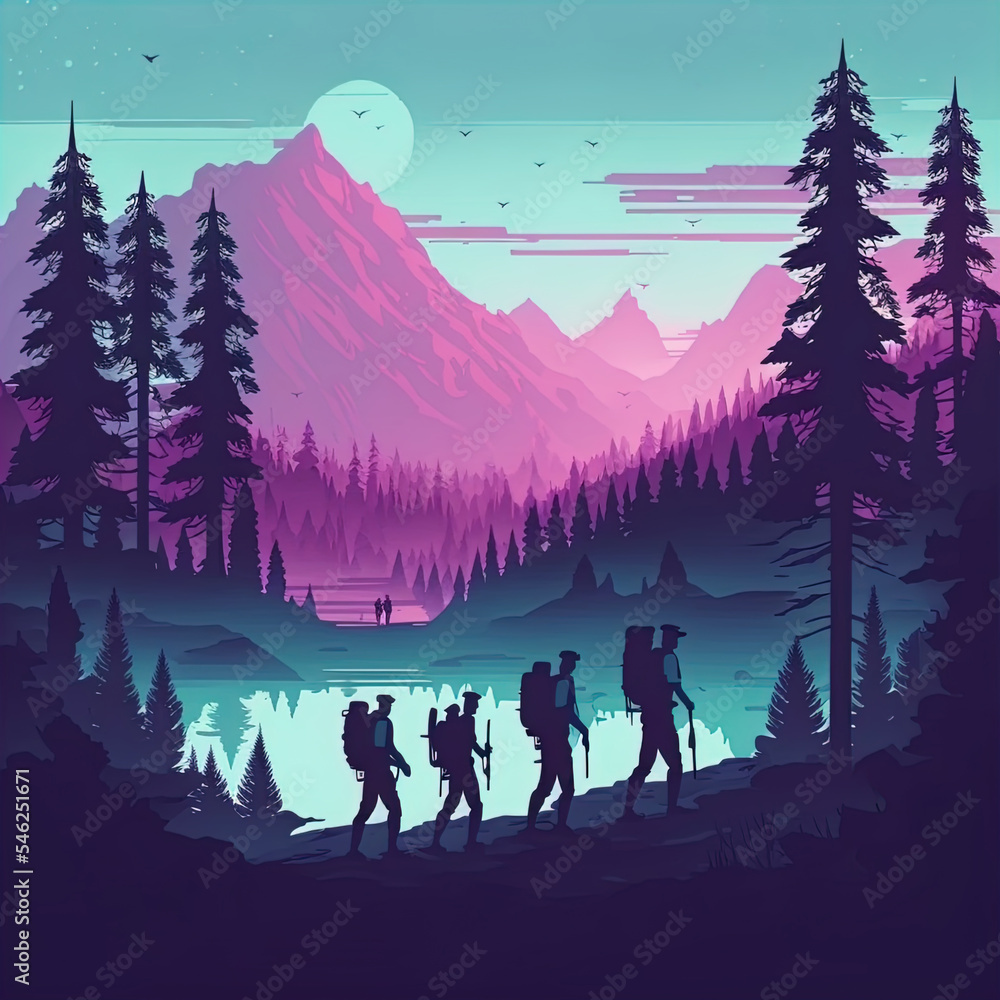 Naklejka premium Illustration of hikers backpacking in the mountains. 