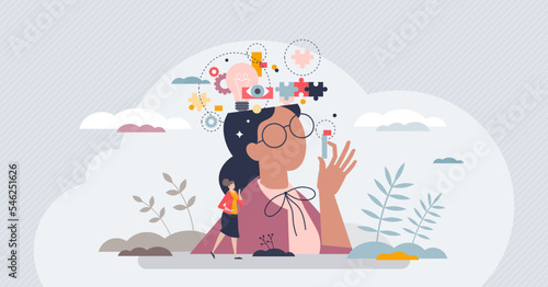 Inner mental intelligence and logic process visualization tiny person concept. Mind thinking and creative thoughts awareness vector illustration. Intellectual brain skills for human ability to think. photo