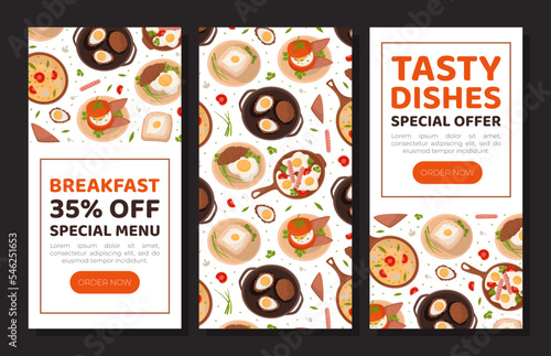 Egg recipes mobile app. Tasty healthy dishes for breakfast landing pages, web banners set cartoon vector