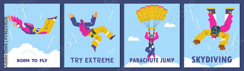 Skydiving and parachute jump posters, flat vector illustration.
