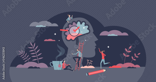 Inner mental intelligence with thinking process teamwork tiny person concept. Psychological cognition and memory skills research vector illustration. Logic knowledge and clever brain ability to think.