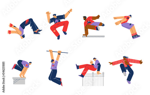 Set of parkouring characters flat style, vector illustration