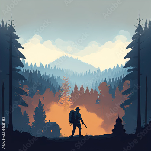 Illustration of hikers backpacking in the mountains. 