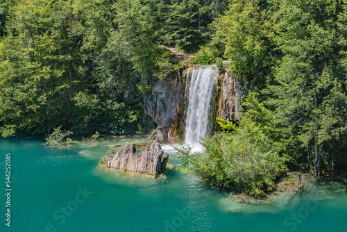 Beautiful view of waterfalls with crystal clear water in forest in The Plitvice Lakes National Park in Croatia Europe.