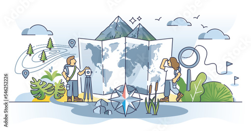 Cartographer occupation with map measurement data outline concept. Work with earth atlas information, surface and relief guidance vector illustration. Mapping job for cartography and localization.