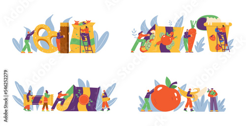 Abstract characters with healthy and unhealthy snacks - flat vector illustration isolated on white background.