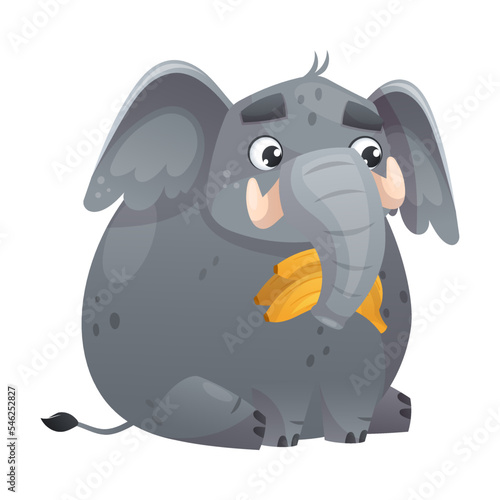 Grey Elephant with Trunk Sitting with Bunch of Bananas Vector Illustration