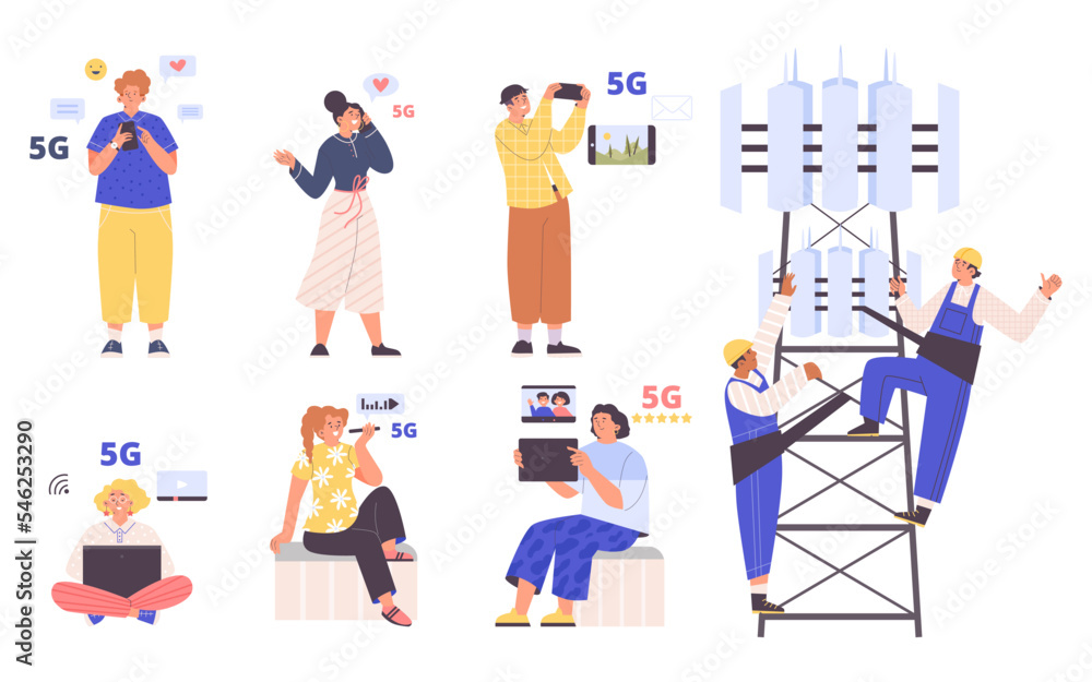Set of people using 5G technologies flat style, vector illustration Set of people using 5G technologies flat style, vector illustration