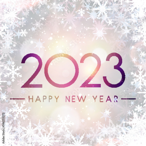 2023 happy new year sign on sweaty grass with snowflakes.