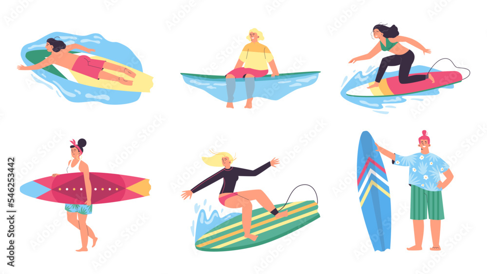 Surfers stand on a surfboard and ride a wave collection, flat vector isolated. Surfers stand on a surfboard and ride a wave collection, flat vector isolated.