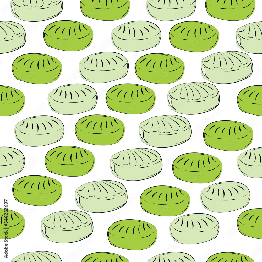 Mint caramels seamless pattern. Green lollipops. Vector illustration. Sweet candies, packaging for a pastry shop or as a gift.