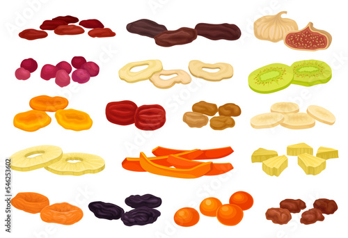 Dried Fruits as Healthy Food with Sweet Taste and Nutritive Value Big Vector Set