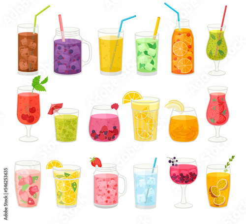 Summer Fruit Drinks and Lemonade as Refreshing Beverage in Glass with Straw Big Vector Set