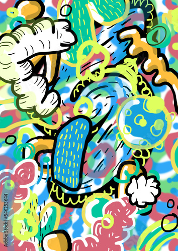 Abstract colorful illustration. Contemporary art. Doodle art. Digital graffiti. Cartoon. Soft  organic  carnal  food and viral forms. Chromosomes  viruses and bacteria. Street art aesthetic. Spray.