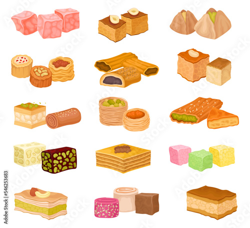 Eastern and Arabic Sweets with Famous Baklava and Rahat Lakoum Big Vector Set