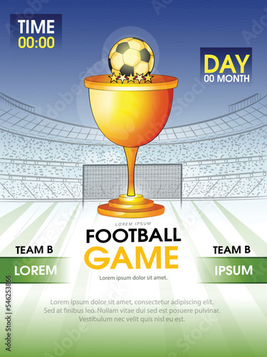 ector illustration of Football league tournament poster, Ball with football stadium background.
