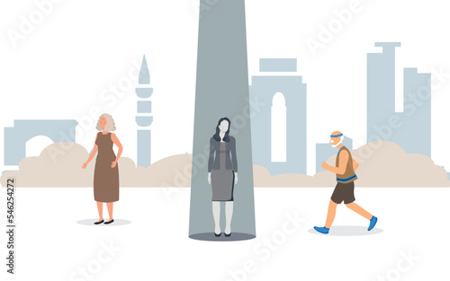 Woman to get rid of depression. A young unhappy girl around public. The concept of support and care for people under stress. Vector illustration in flat style