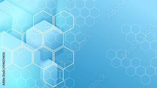 Blue technology background with hexagon pattern and lights. Abstract hexagon background for medical, technology or science design. Vector illustration © TitikBak
