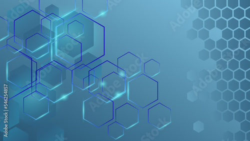 Blue technology background with hexagon pattern and lights. Abstract hexagon background for medical, technology or science design. Vector illustration