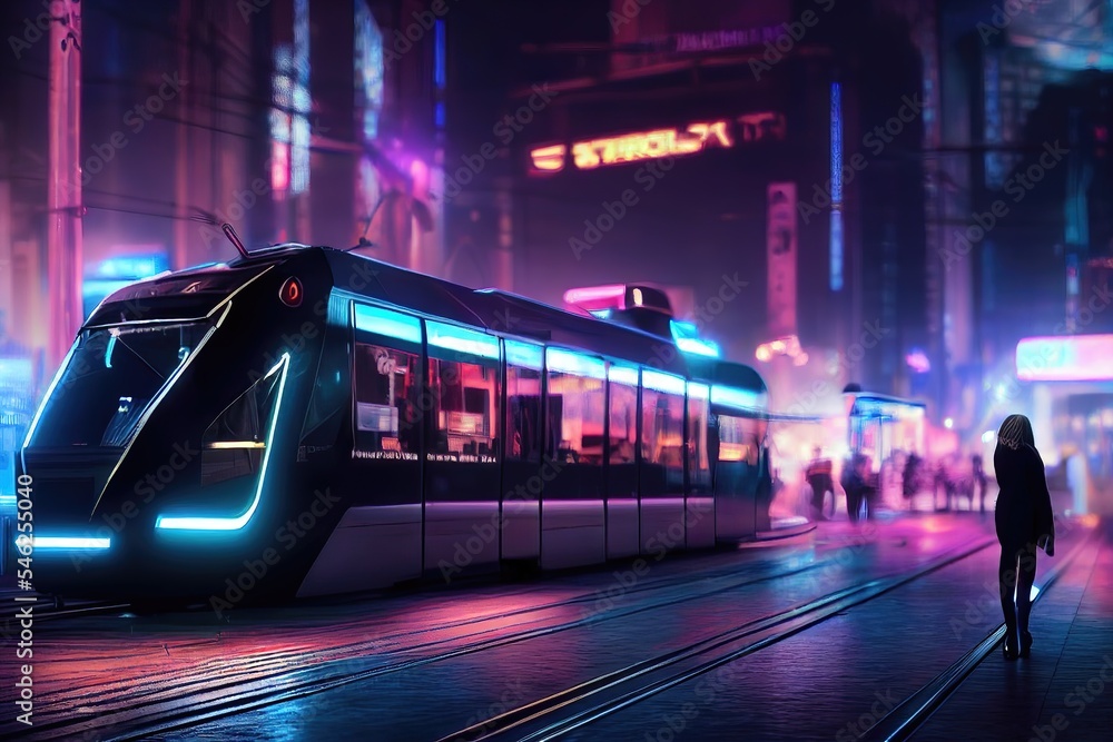 Urban mobility future tram, metro, subway in futuristic city Stock