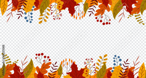 Seamless horizontal banner with autumn colorful plants. Charming autumn pattern. Hand drawn. Vector illustration