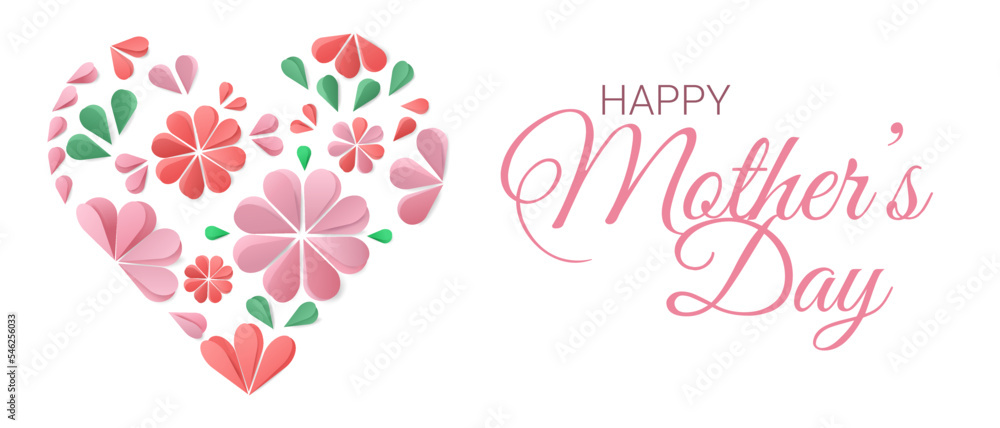 Mother's day card with paper elements and heart. Vector heart shaped love symbols for greeting card design