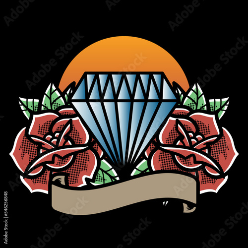 Traditional Tattoo With Diamond And Roses Vector Illustration