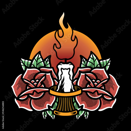 Traditional Tattoo With Roses and Candle Vector Illustration